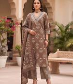 Brown floral printed cotton kurta set