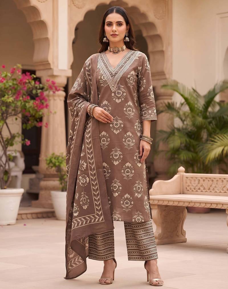 Brown floral printed cotton kurta set