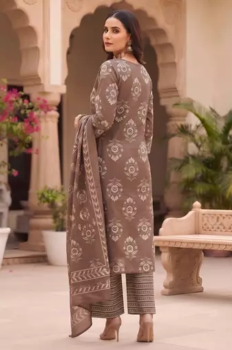 Brown floral printed cotton kurta set