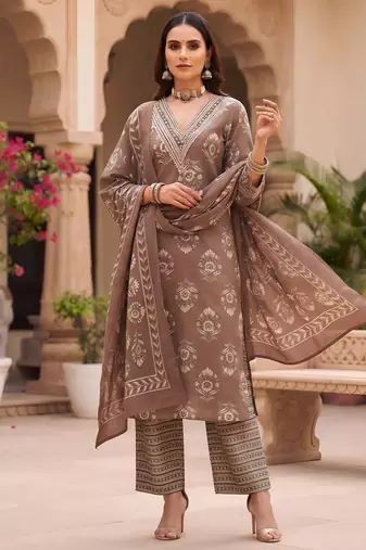 Brown floral printed cotton kurta set