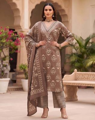 Brown floral printed cotton kurta set 4