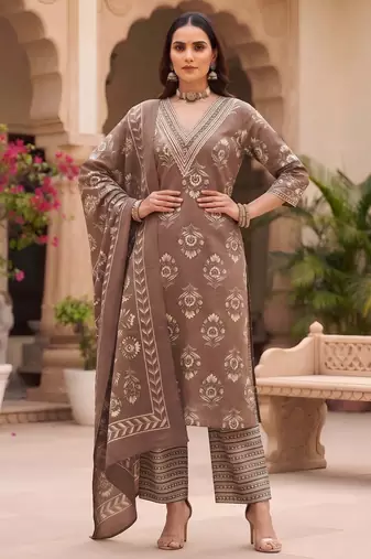 Brown floral printed cotton kurta set