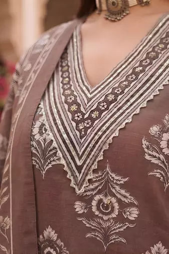 Brown floral printed cotton kurta set