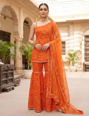 Orange floral printed viscose rayon kurta set 1