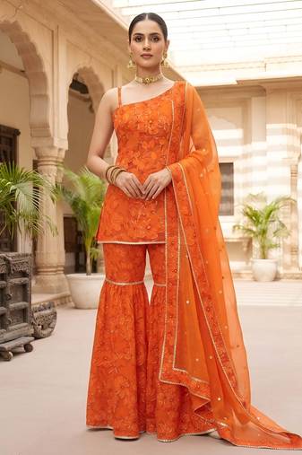 Orange floral printed viscose rayon kurta set