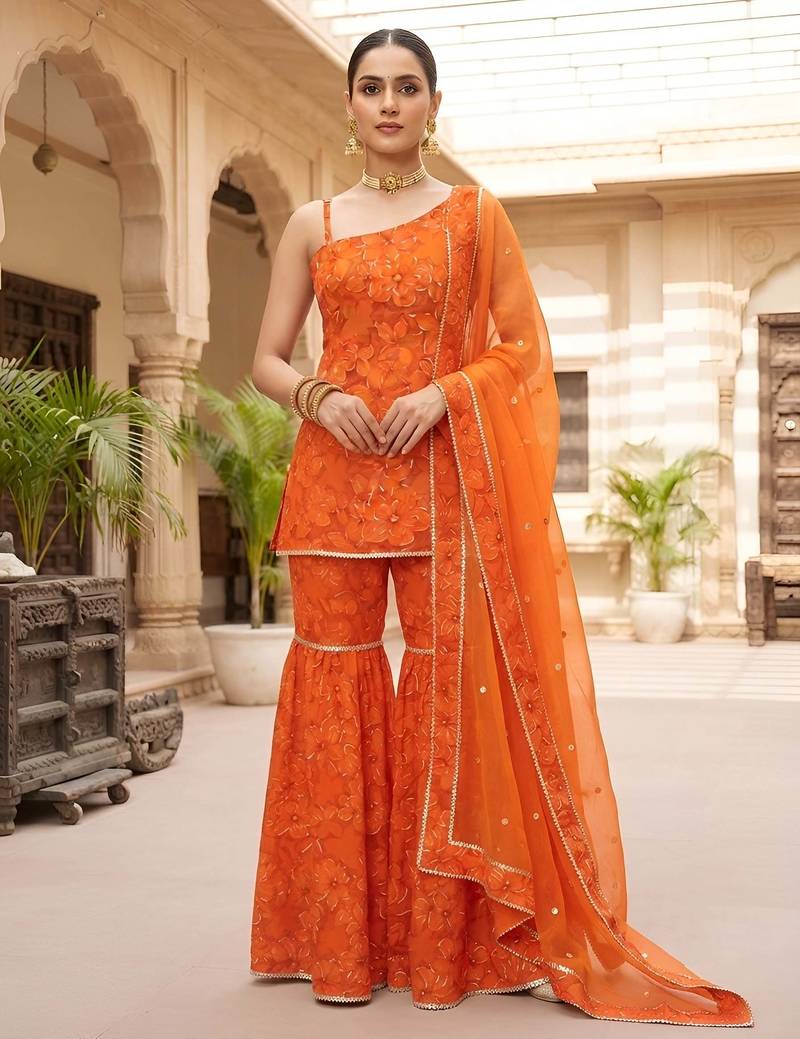 Orange floral printed viscose rayon kurta set