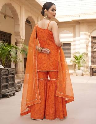 Orange floral printed viscose rayon kurta set 2