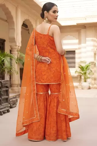 Orange floral printed viscose rayon kurta set