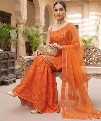 Orange floral printed viscose rayon kurta set 3