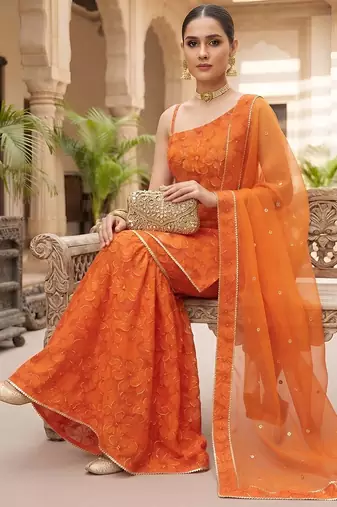 Orange floral printed viscose rayon kurta set