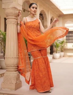 Orange floral printed viscose rayon kurta set 4