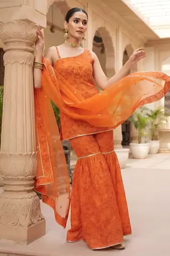 Orange floral printed viscose rayon kurta set