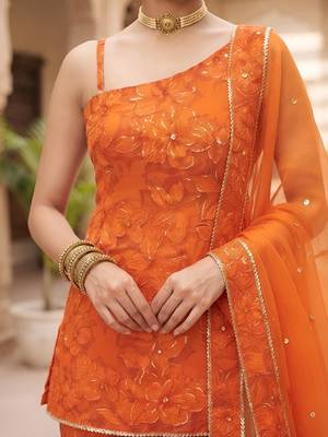 Orange floral printed viscose rayon kurta set 5