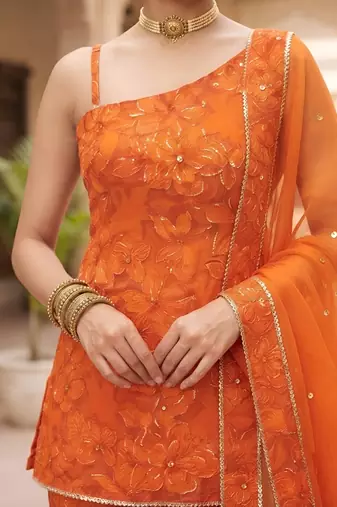 Orange floral printed viscose rayon kurta set