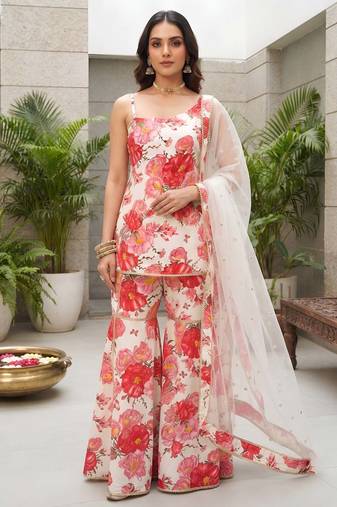 White floral printed viscose rayon kurta set