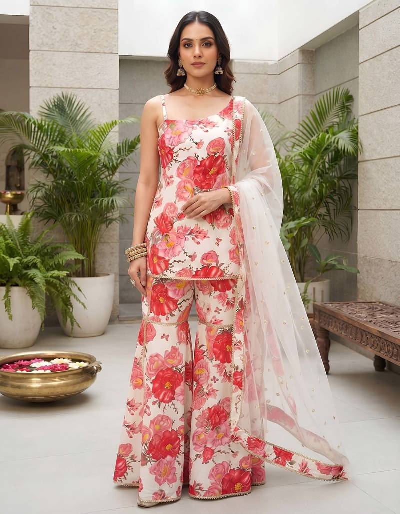 White floral printed viscose rayon kurta set