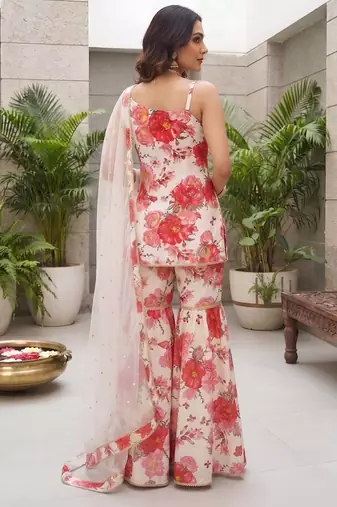 White floral printed viscose rayon kurta set
