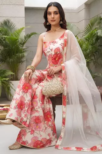 White floral printed viscose rayon kurta set