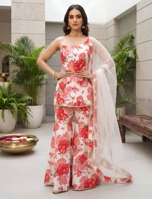 White floral printed viscose rayon kurta set 4