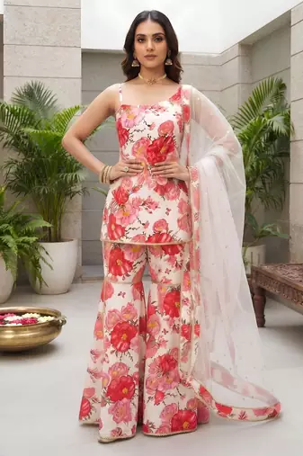White floral printed viscose rayon kurta set