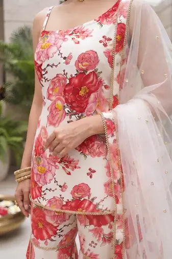 White floral printed viscose rayon kurta set