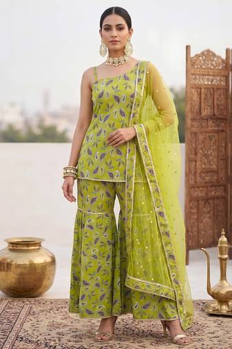 Green floral printed cotton kurta set
