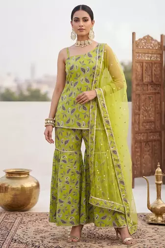 Green floral printed cotton kurta set