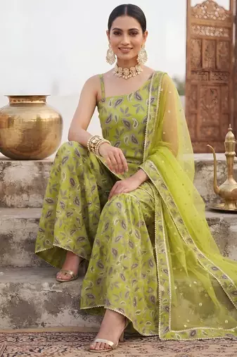 Green floral printed cotton kurta set