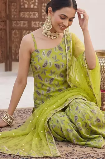 Green floral printed cotton kurta set