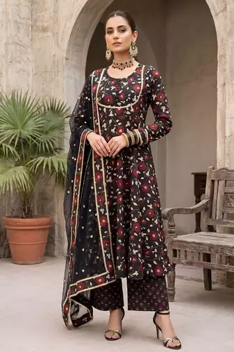 Black floral printed cotton kurta set