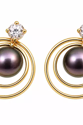 Certified natural freshwater pearls jewellery black freshwater pearl stud earrings with gold multi-circle frame