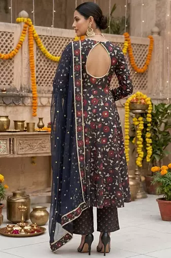 Black floral printed cotton kurta set