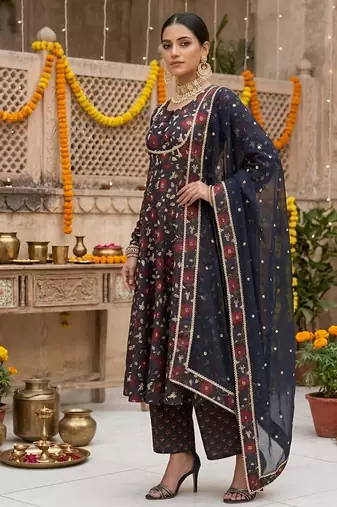 Black floral printed cotton kurta set