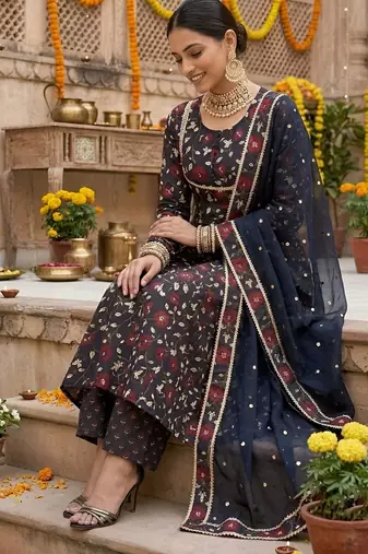 Black floral printed cotton kurta set