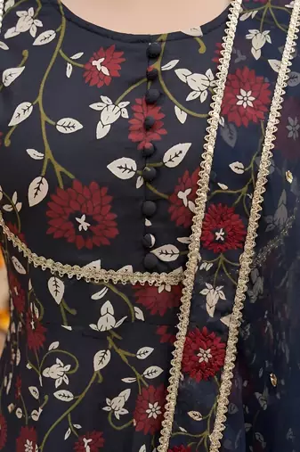 Black floral printed cotton kurta set