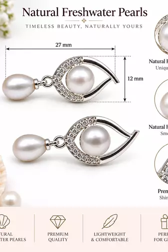 Certified natural freshwater pearls jewellery freshwater pearl drop earrings with crystal studded silver frame