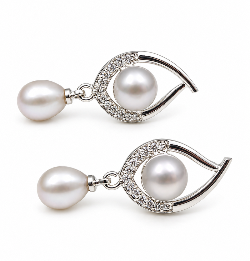 Certified natural freshwater pearls jewellery freshwater pearl drop earrings with crystal studded silver frame