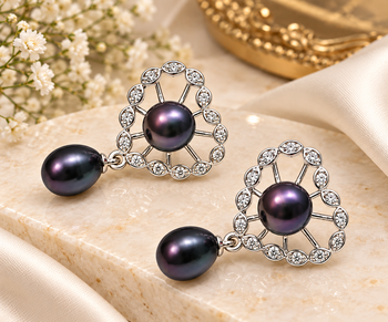 Certified natural freshwater pearls jewellery black pearl drop earrings with crystal halo, silver tone 1