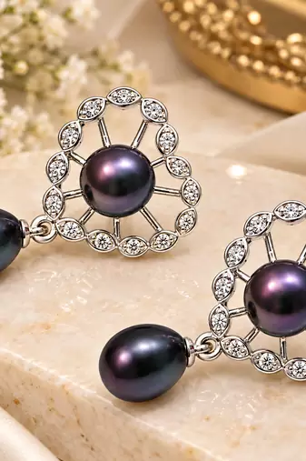 Certified natural freshwater pearls jewellery black pearl drop earrings with crystal halo, silver tone