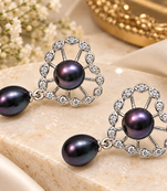 Certified natural freshwater pearls jewellery black pearl drop earrings with crystal halo, silver tone