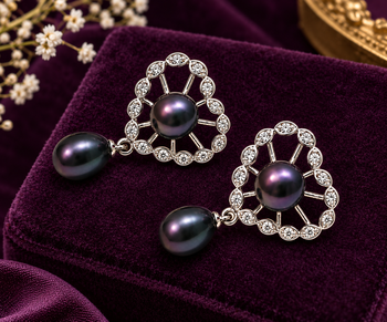 Certified natural freshwater pearls jewellery black pearl drop earrings with crystal halo, silver tone 2