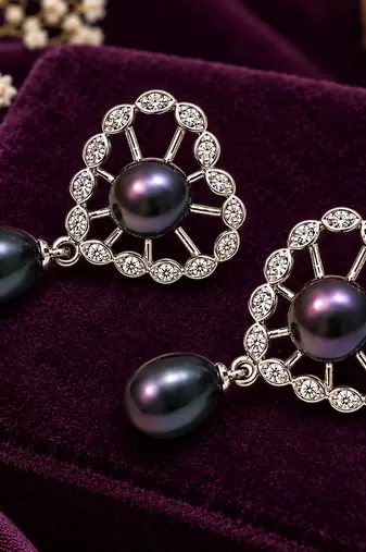 Certified natural freshwater pearls jewellery black pearl drop earrings with crystal halo, silver tone