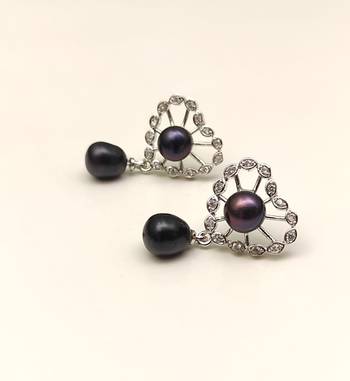 Certified natural freshwater pearls jewellery black pearl drop earrings with crystal halo, silver tone 3