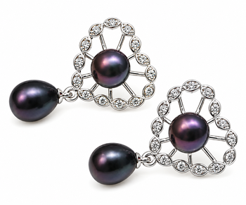 Certified natural freshwater pearls jewellery black pearl drop earrings with crystal halo, silver tone 4