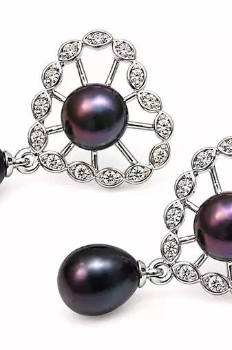 Certified natural freshwater pearls jewellery black pearl drop earrings with crystal halo, silver tone