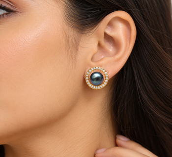 Certified natural freshwater pearls jewellery black pearl stud earrings with gold-tone cz halo for women 1