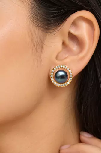 Certified natural freshwater pearls jewellery black pearl stud earrings with gold-tone cz halo for women