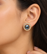 Certified natural freshwater pearls jewellery black pearl stud earrings with gold-tone cz halo for women