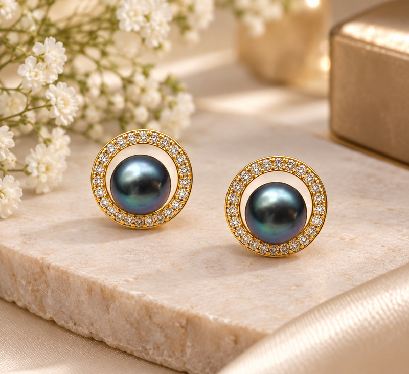 Certified natural freshwater pearls jewellery black pearl stud earrings with gold-tone cz halo for women