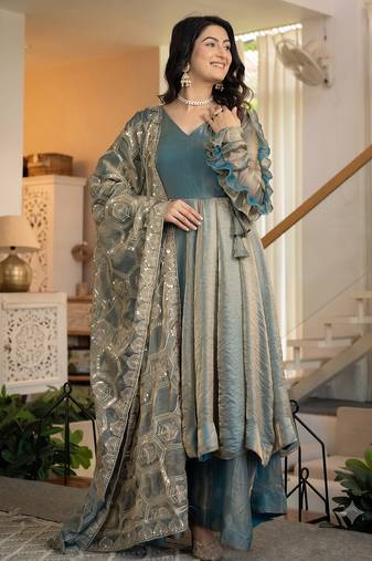 Women teal blue metallic tissue anarkali kurti with flared skirt & embroidered dupatta set